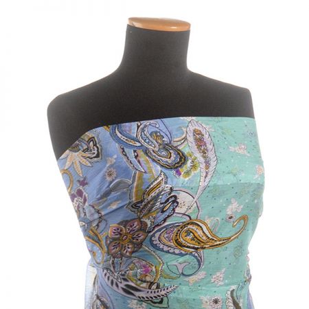 Šifon plise květinový paisley vzor modrý