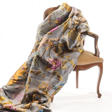 Žakárová látka gepard,opice, papoušek šedá