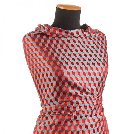 Brokát geometrický motiv červený/modrý