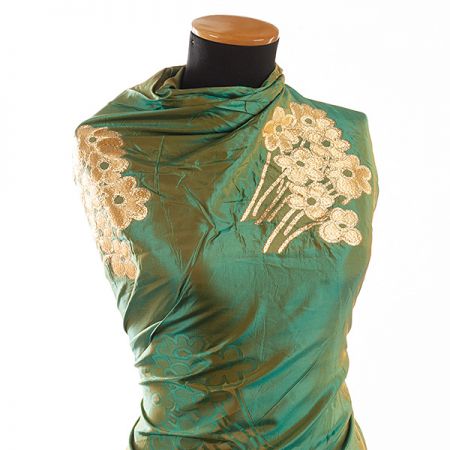 Taft hladký květinový zlatý vzor šanžán tyrkys/okrová