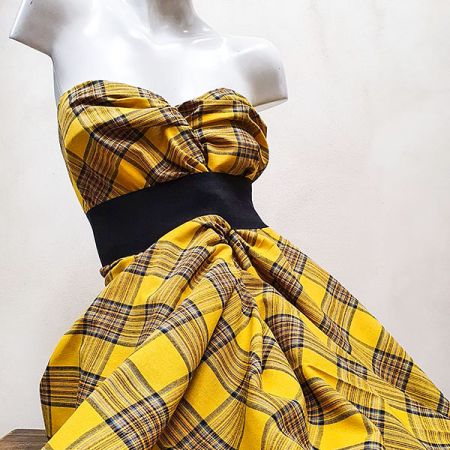 Len pružný jemný vzor tartan okrový