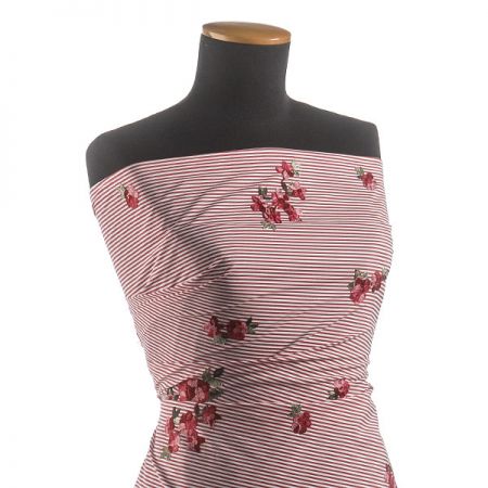 Bavlněná košilovka červený proužek výšivka květy