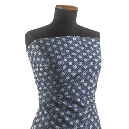 Riflovina pružná tisk květy a puntíky modrá