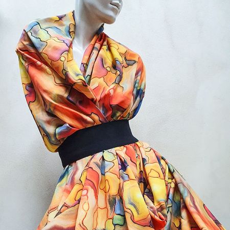 Viskozová šatová látka tisk abstraktní vzor akvarel