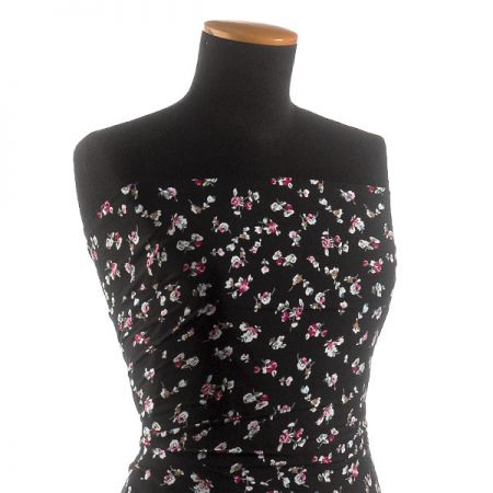 Viskozová šatová látka romantické květy černá