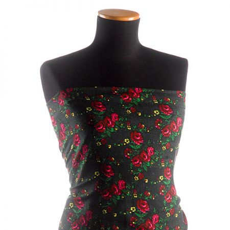 Bavlněná jemná látka imitace kašmíru květy černá