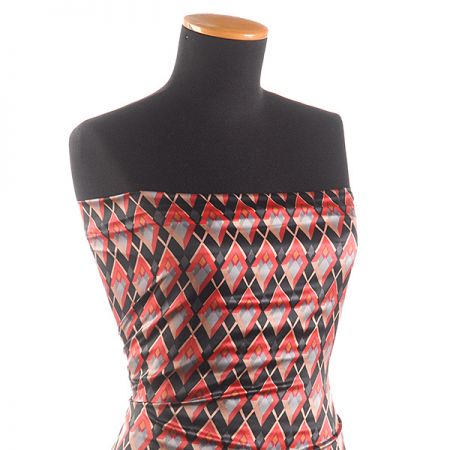 Satén pružný tisk art deco vzor červený