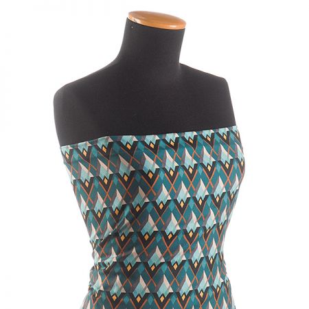 Žoržet šatový pružný tisk art deco vzor tyrkysový