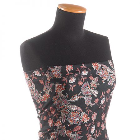 Žoržet šatový pružný tisk květy paisley černý