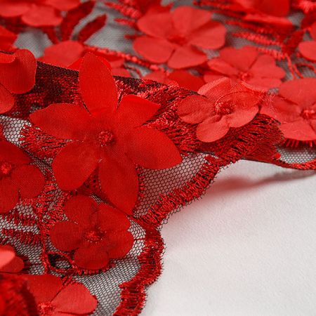 Krajka tylová plastický květ červenočerná