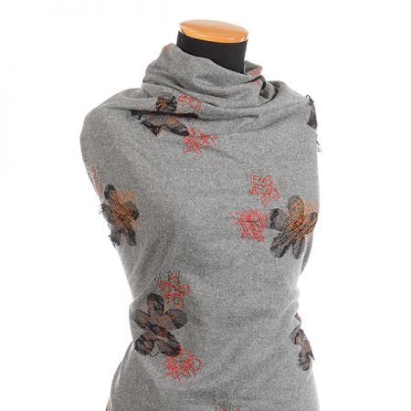 Vlněná látka s aplikací výšivky květů červená/šedá