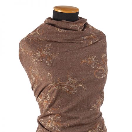 Vlněná látka s výšivkou paisley motiv/květy hnědá