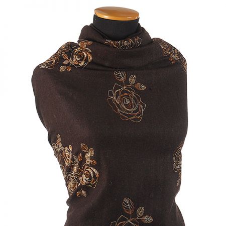 Vlněná látka s výšivkou květů hnědá