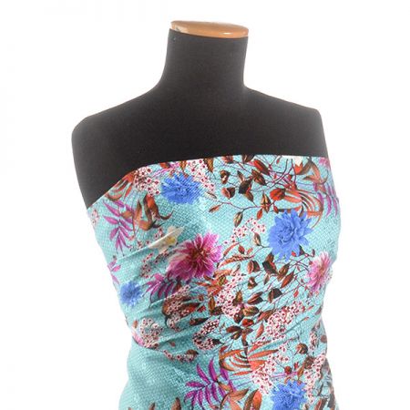 Hedvábný atlas žakár květinový vzor tyrkysový