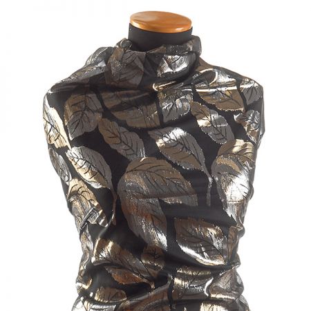 Lamé šifon žakár lístky černá stříbrná zlatá