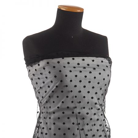 Tyl šatový sametový flock velký puntík černý