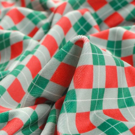 Samet pružný velur tisk káro/kostka zelená/červená