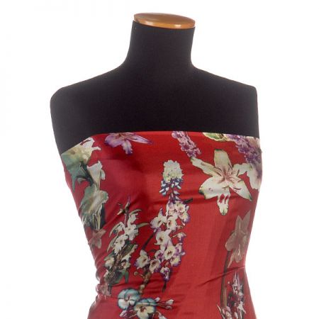 Hedvábná látka vzor orchidea/maceška vínová