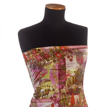 Satén nepružný tisk motiv krajiny zelený