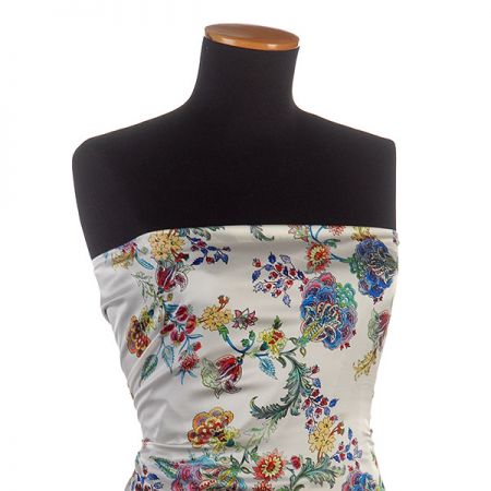 Satén nepružný tisk motiv květin tm. modrý/smetanový