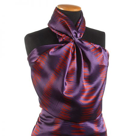 Satén nepružný geometrický motiv fialový/oranžový