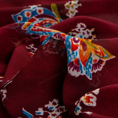 Šifon viskozový květinový vzor vínový