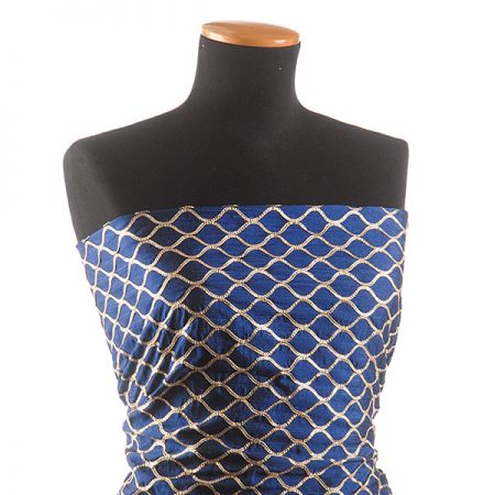 Hedvábný šantung výšivka vlnek modrozlatý