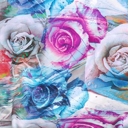 Satén vzor růží na mramoru tyrkys/fuchsie