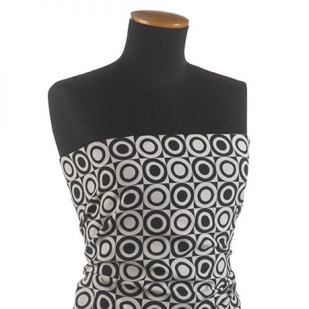 Dekorační látka retro vzor čtverce a kruhy černé/bílé