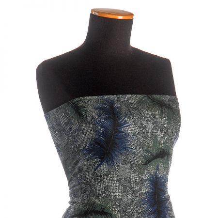 Bavlněné plátno tisk modrá a zelená pírka