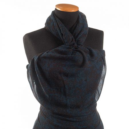 Voál bavlna směs vzor květy modrá/hnědá