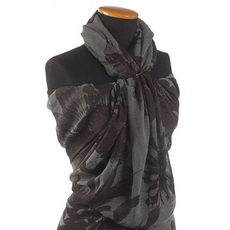 Voál bavlna směs velké květy hnědášedá