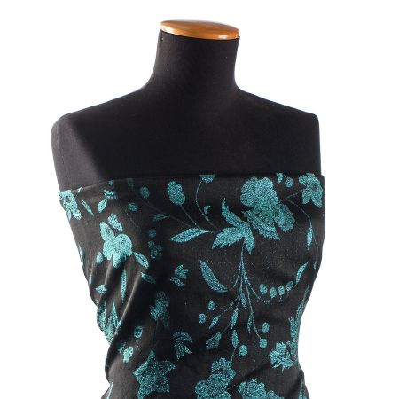 Žakárová tkanina Art Fabrics Primavera tyrkysová/černá