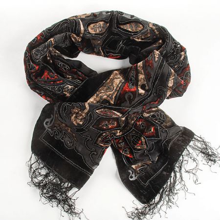Efektní šál vypalovaný samet/tisk černý/vínový