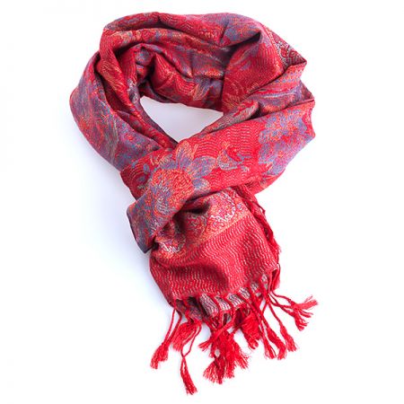 Šála směs kašmír/hedvábí vzor v červených odstínech