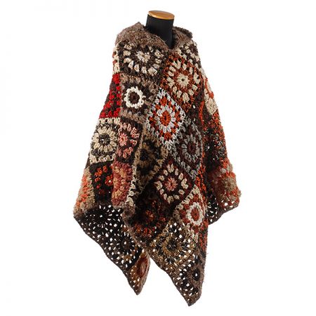 Pončo design MarLen háčkováné s kapucí hnědé