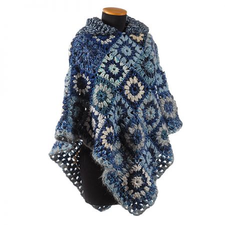 Originální háčkované pončo kapuce + návleky modré