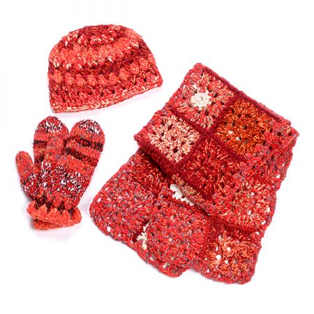Háčkovaná čepice, rukavice, šála oranžový set