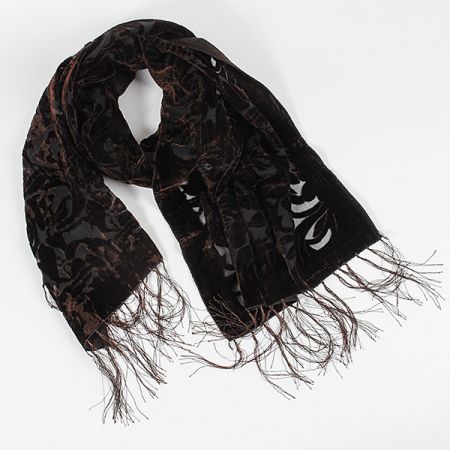 Šála vypalovaný samet s třásněmi tm.hnědý