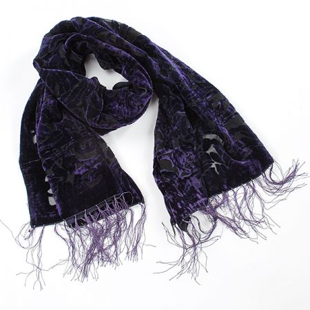 Šála vypalovaný samet s třásněmi tm.fialová