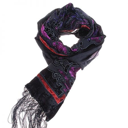 Efektní šál vypalovaný samet/tisk černofialovohnědý