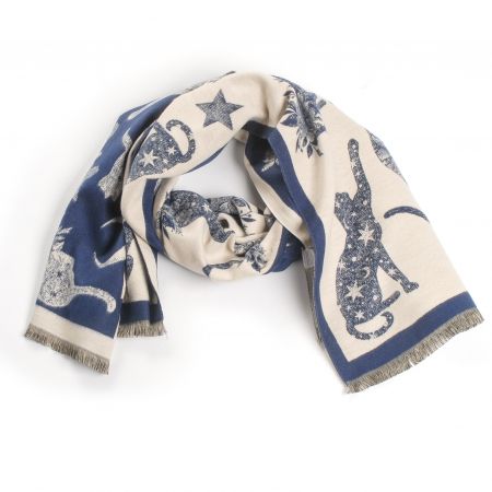 Šála oboustranná s kočkami krémová/modrá