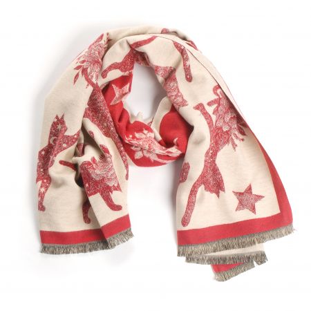 Šála oboustranná s kočkami krémová/tm.červená