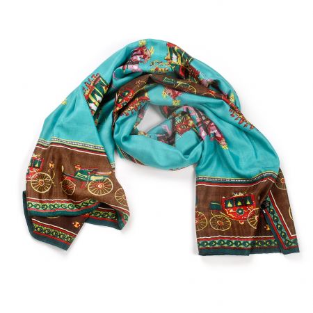 Šála směs kašmír/hedvábí vzor vozataj tyrkysová