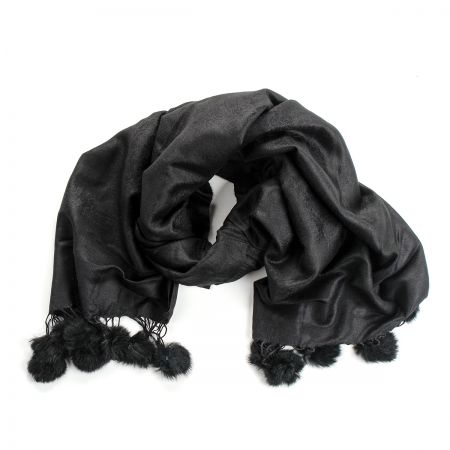 Šála směs kašmír/hedvábí žakár kožešinové bambulky černá