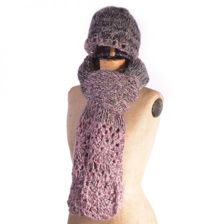 Pletená šála čepice s háčkovaným lemem pink