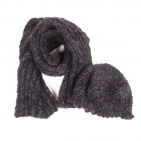 Ručně pletená sada čepice šála černofialová