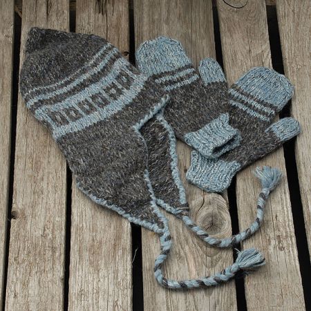 Pletený set čepice+rukavice modrošedý