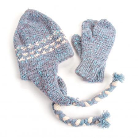 Ručně pletená sada čepice,rukavice modrofialový melír