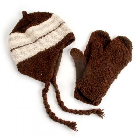 Ručně pletená sada čepice,rukavice hnědá